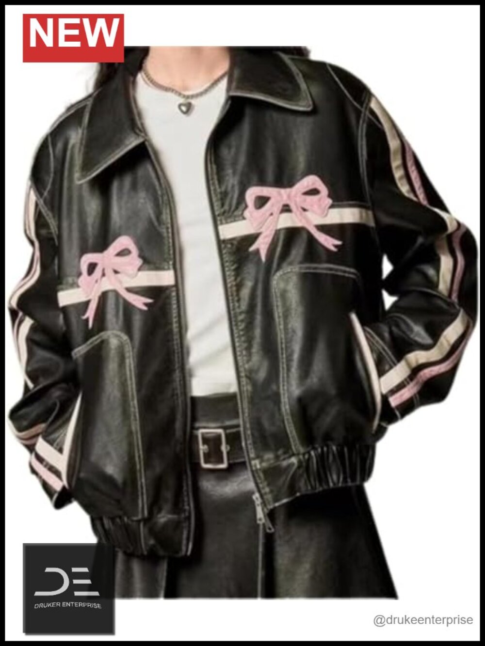 Faux Leather Moto Jacket Bowknot Graphic Crop Oversized Grunge Y2K